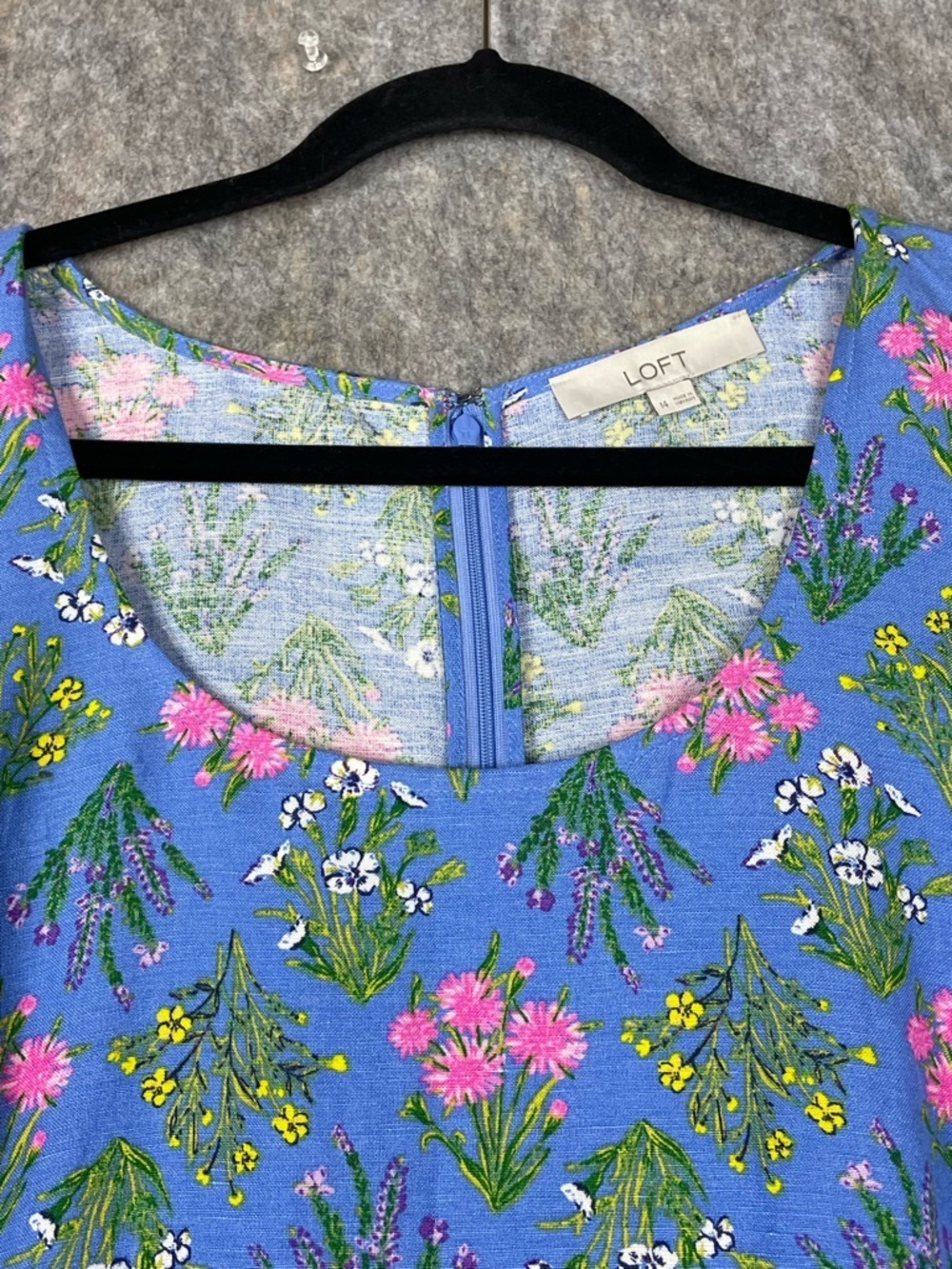 LOFT Linen Periwinkle Floral Print Puff Sleeve Mini BabyDoll A-Line Dress Sz 14 - Picture 5 of 16